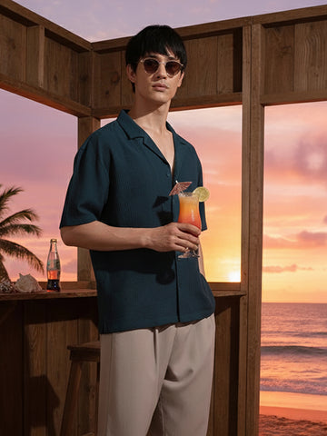 Men's Teal Relaxed Fit Resort Wear Textured Shirt