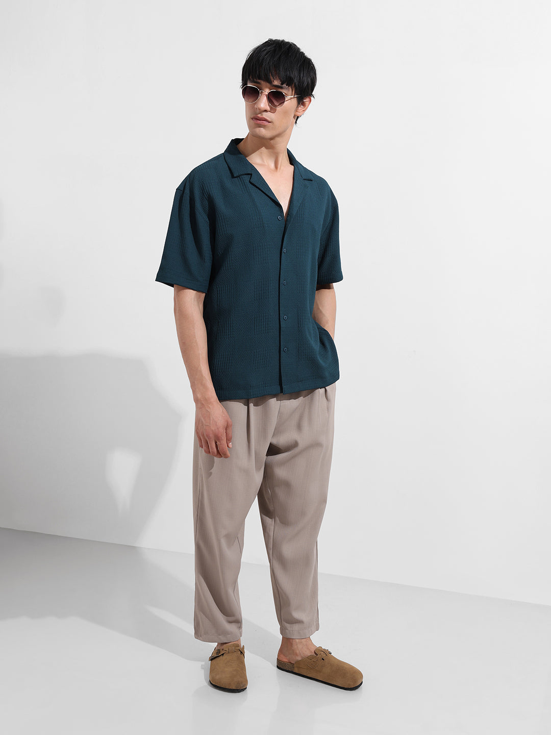 Men's Teal Relaxed Fit Resort Wear Textured Shirt