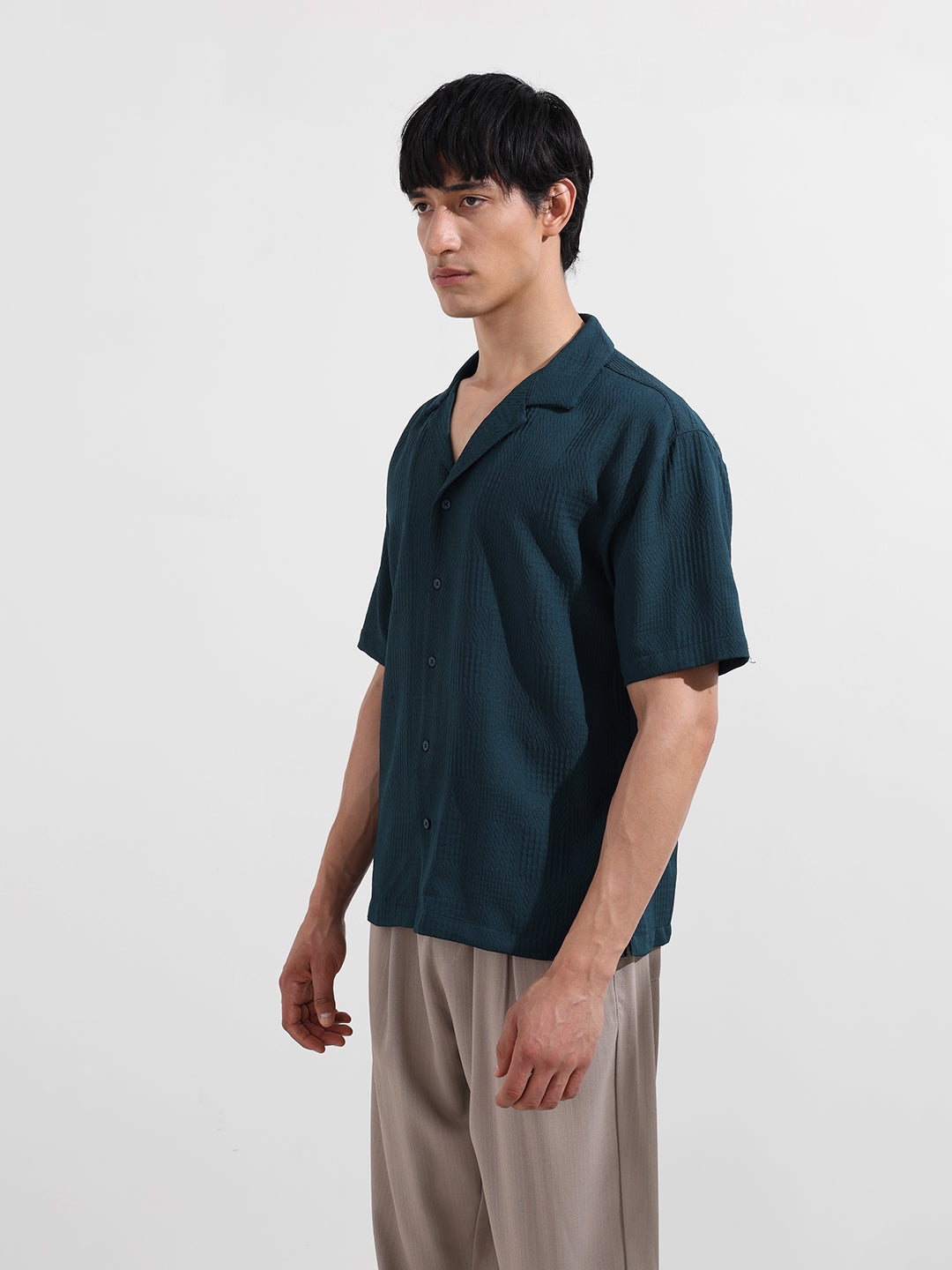 Men's Teal Relaxed Fit Resort Wear Textured Shirt