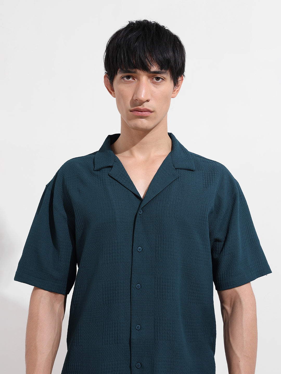 Men's Teal Relaxed Fit Resort Wear Textured Shirt