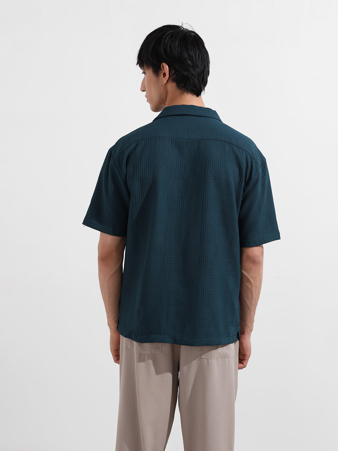Men's Teal Relaxed Fit Resort Wear Textured Shirt