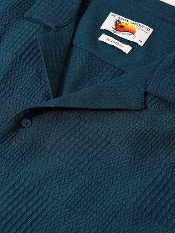 Men's Teal Relaxed Fit Resort Wear Textured Shirt