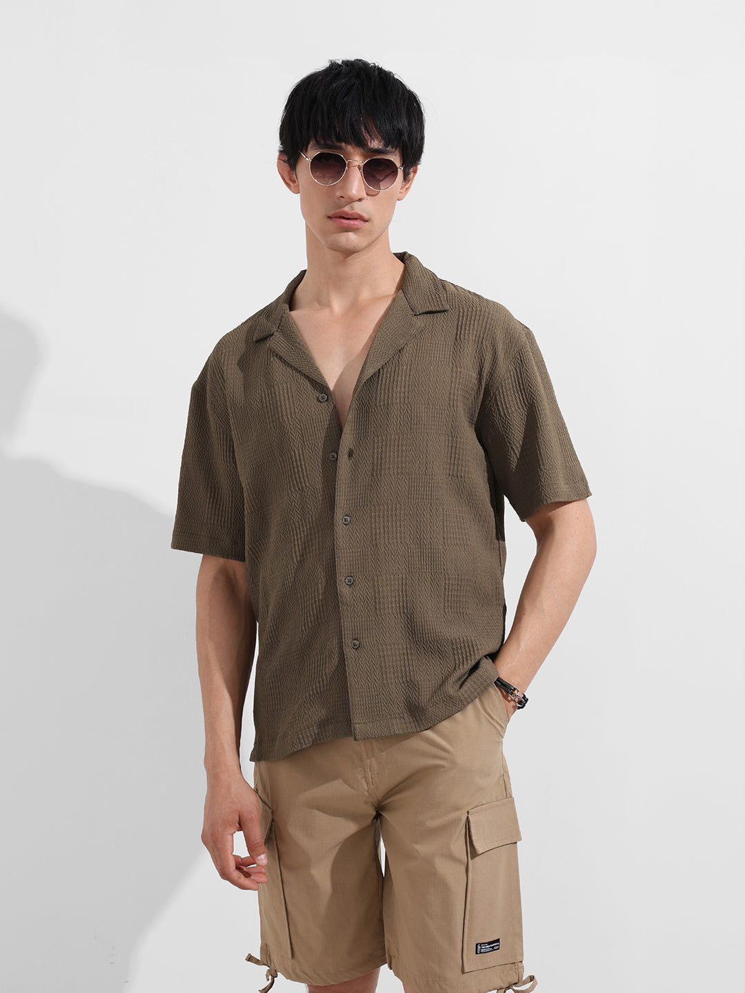 Men's Green Relaxed Fit Resort Wear Textured Shirt