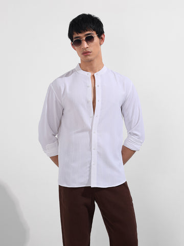 Men's White Relaxed Fit Textured Resort Wear Shirt