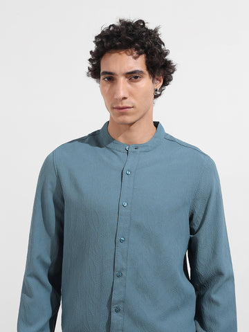 Men's Blue Regular Fit Textured Resort Wear Shirt
