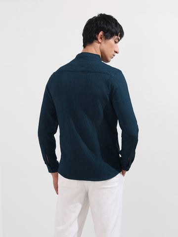 Men's Teal Regular Fit Textured Resort Wear Shirt