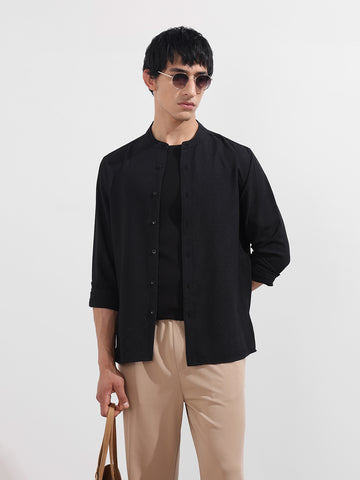 Men's Black Regular Fit Textured Resort Wear Shirt