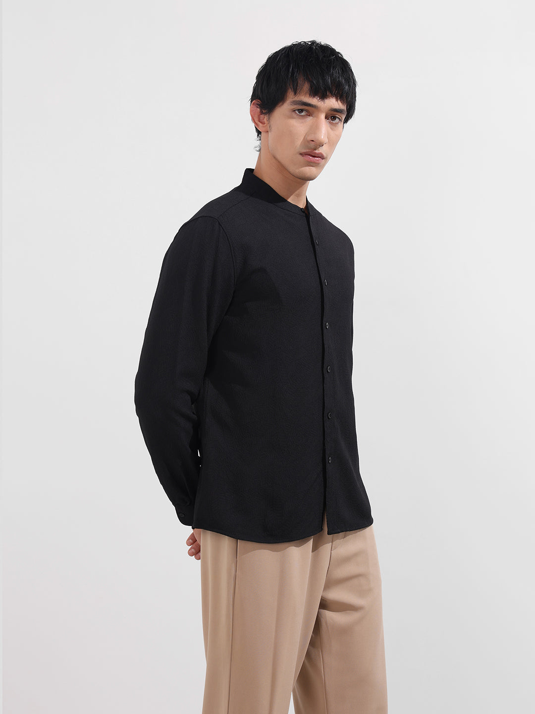 Men's Black Regular Fit Textured Resort Wear Shirt
