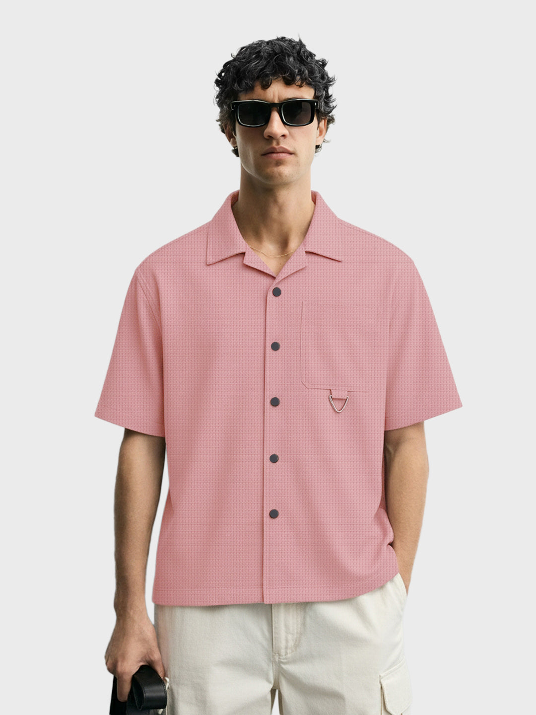 Men's Pink Boxy Fit Textured Utility Shirt