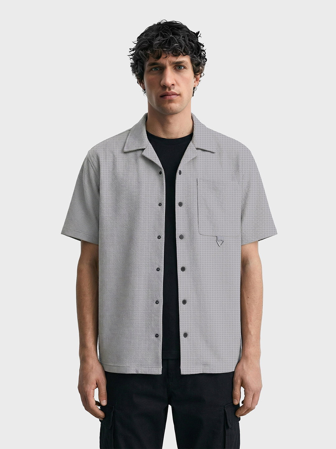 Men's Grey Boxy Fit Textured Utility Shirt