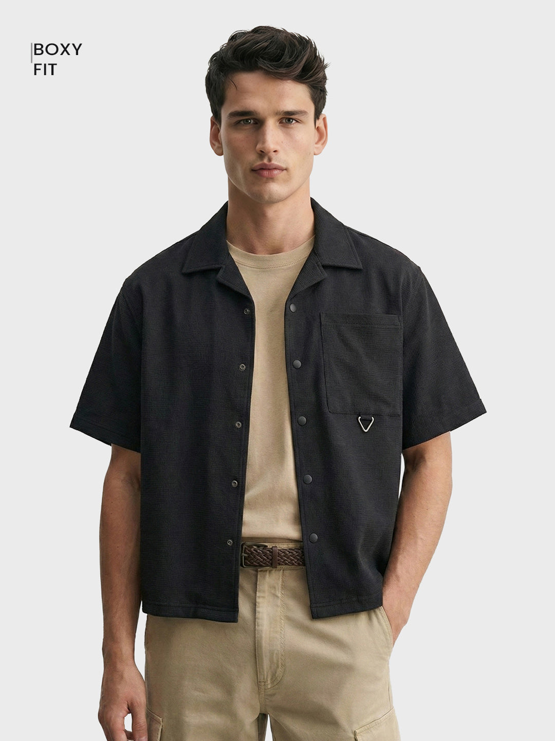 Men's Black Boxy Fit Textured Utility Shirt