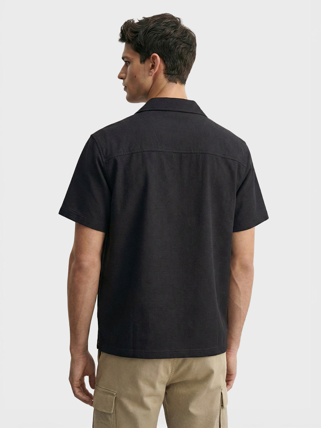 Men's Black Boxy Fit Textured Utility Shirt