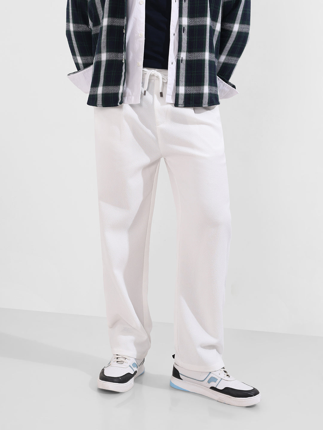 Men's White Relaxed Fit Textured Casual Trousers