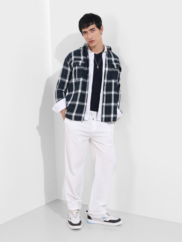 Men's White Relaxed Fit Textured Casual Trousers