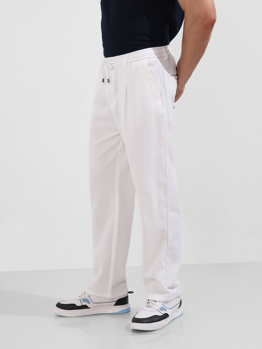 Men's White Relaxed Fit Textured Casual Trousers