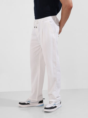 Men's White Relaxed Fit Textured Casual Trousers