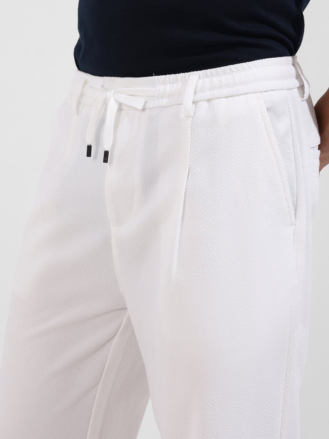 Men's White Relaxed Fit Textured Casual Trousers