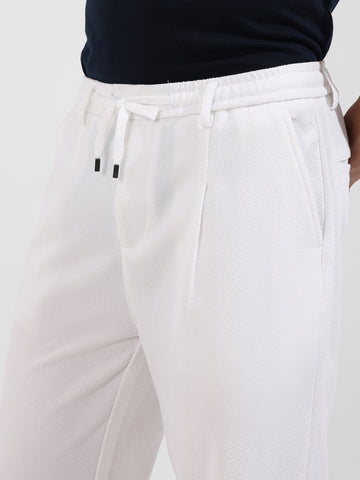 Men's White Relaxed Fit Textured Casual Trousers