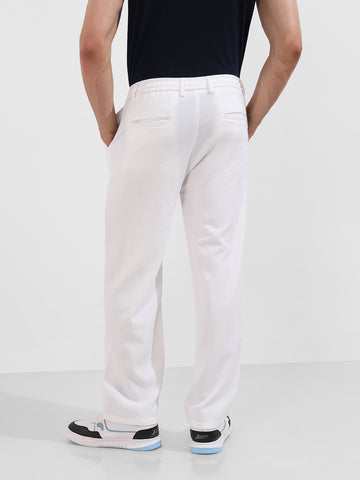 Men's White Relaxed Fit Textured Casual Trousers