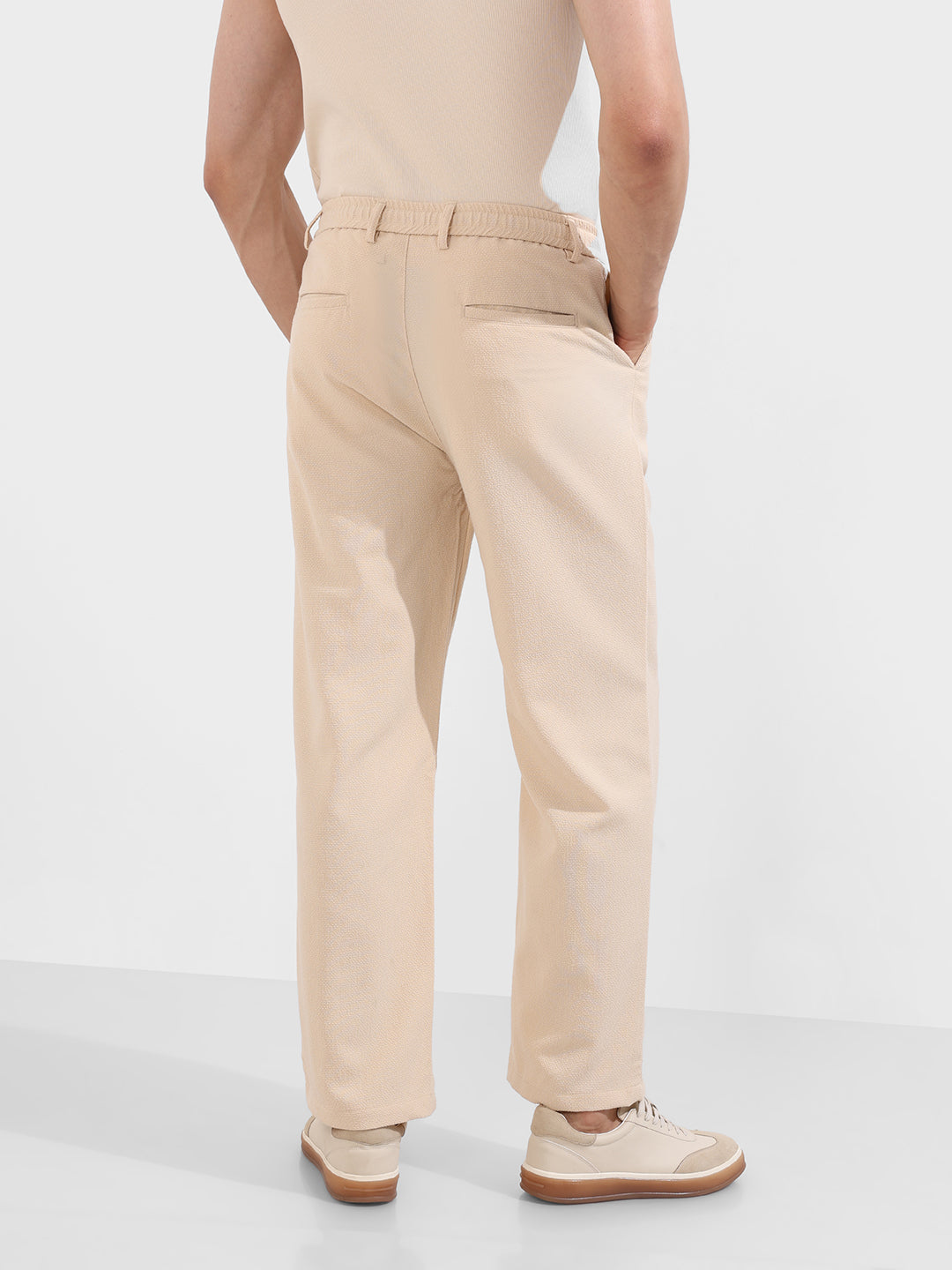 Men's Beige Relaxed Fit Textured Casual Trousers