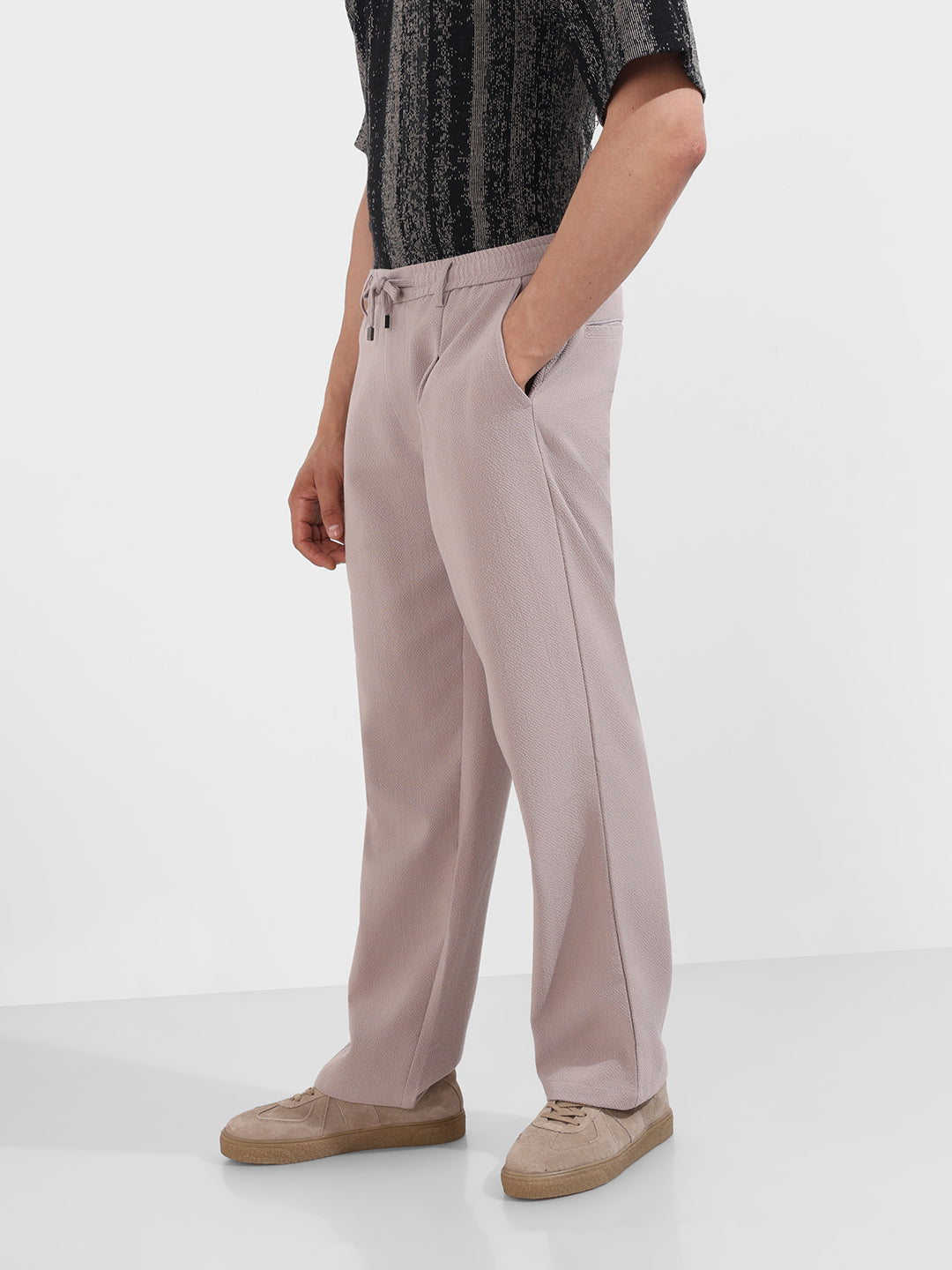 Men's Grey Relaxed Fit Textured Casual Trousers