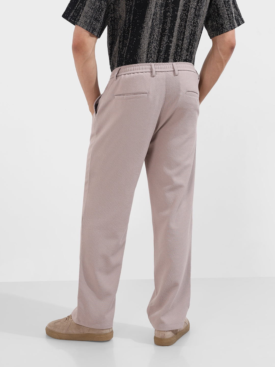 Men's Grey Relaxed Fit Textured Casual Trousers