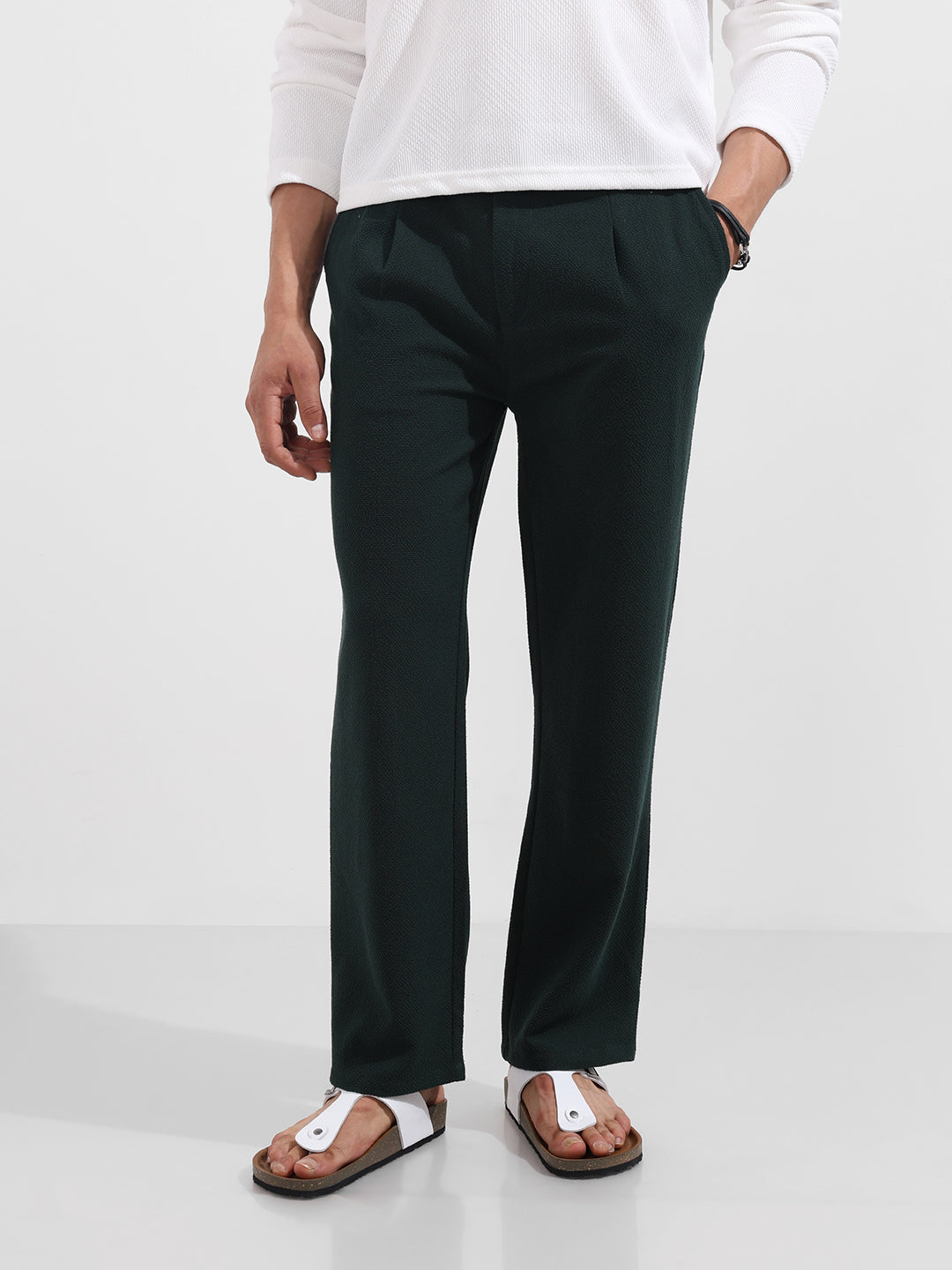 Men's Green Relaxed Fit Textured Casual Trousers