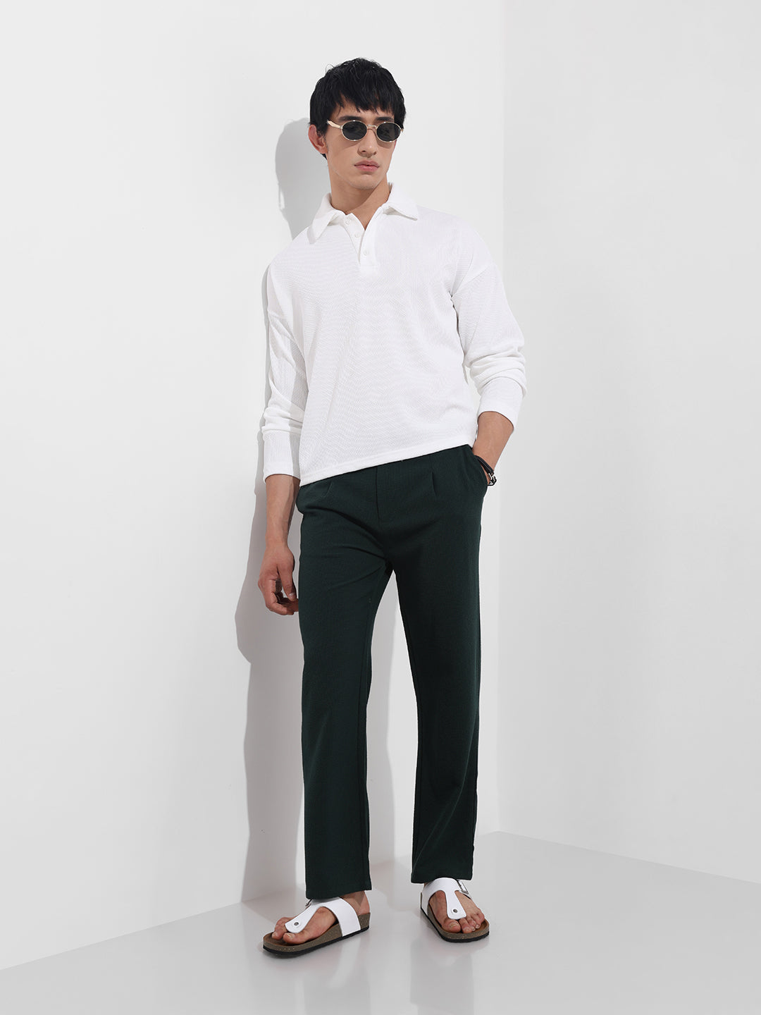 Men's Green Relaxed Fit Textured Casual Trousers