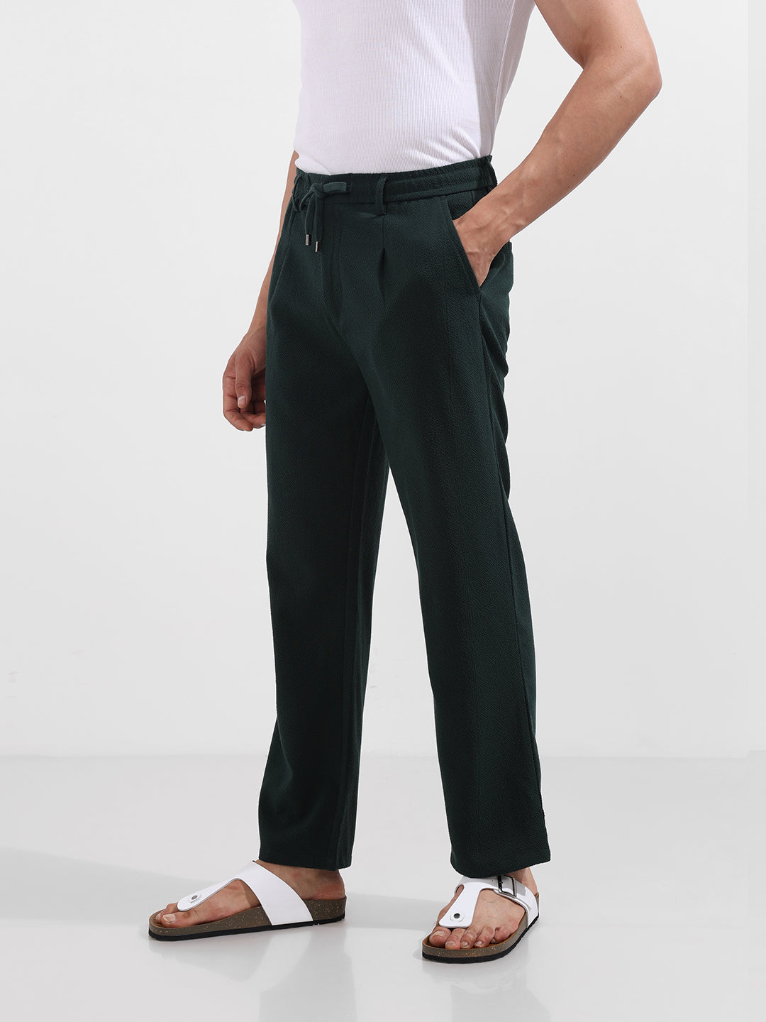 Men's Green Relaxed Fit Textured Casual Trousers