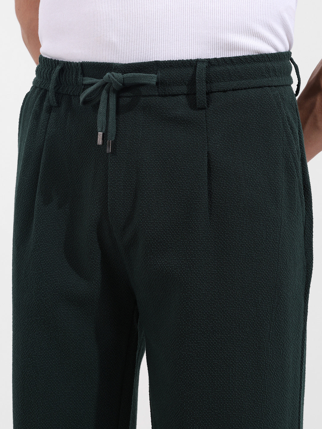 Men's Green Relaxed Fit Textured Casual Trousers