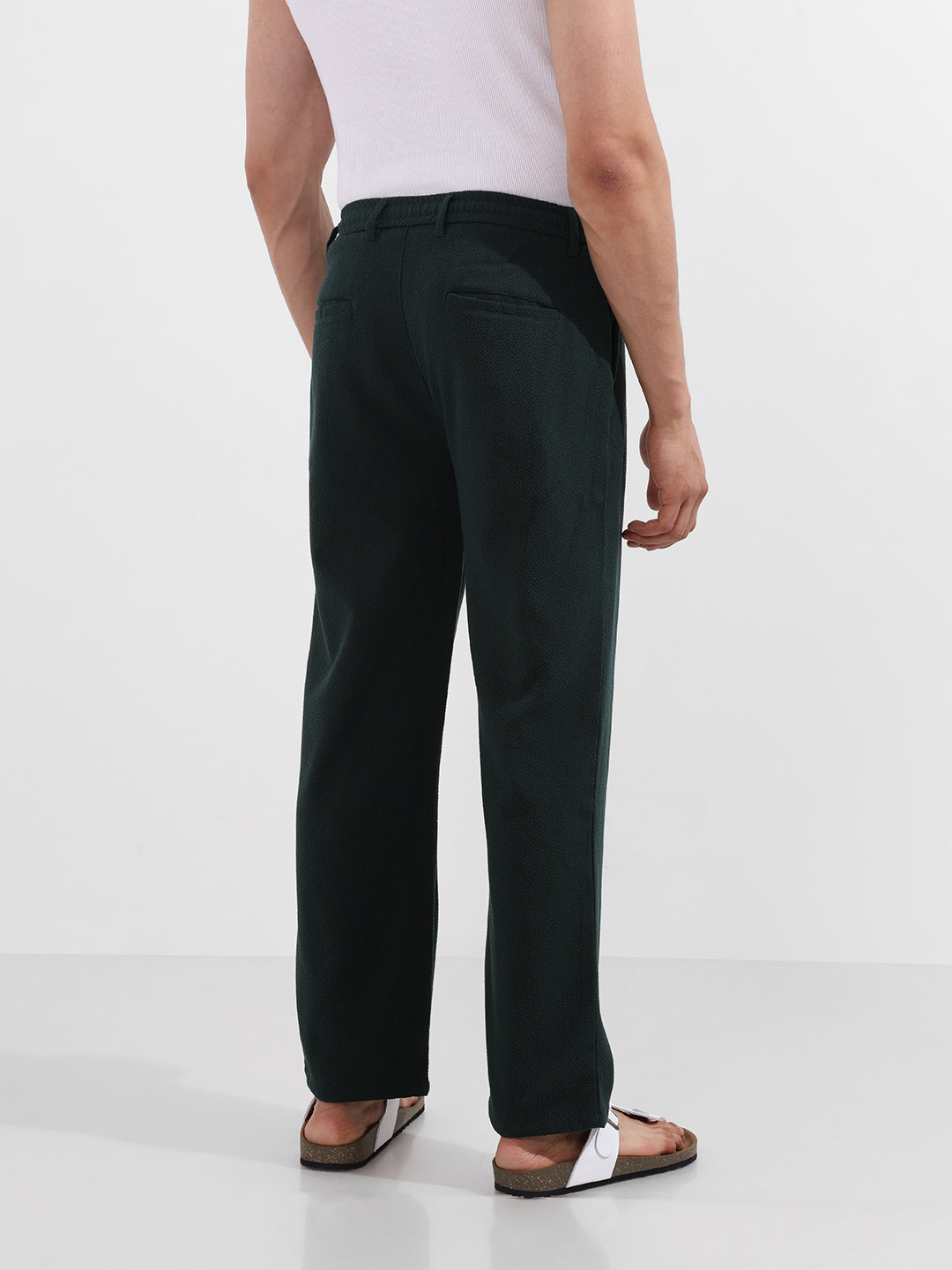 Men's Green Relaxed Fit Textured Casual Trousers