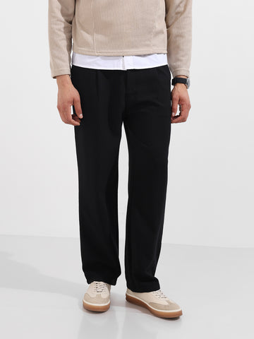 Men's Black Relaxed Fit Textured Casual Trousers