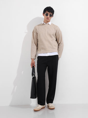 Men's Black Relaxed Fit Textured Casual Trousers