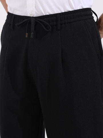 Men's Black Relaxed Fit Textured Casual Trousers