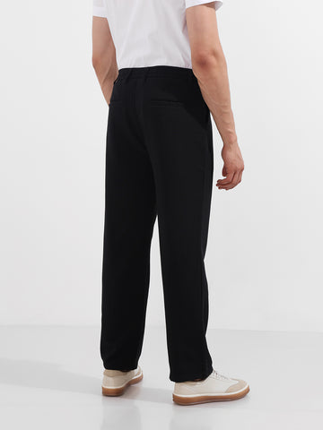 Men's Black Relaxed Fit Textured Casual Trousers