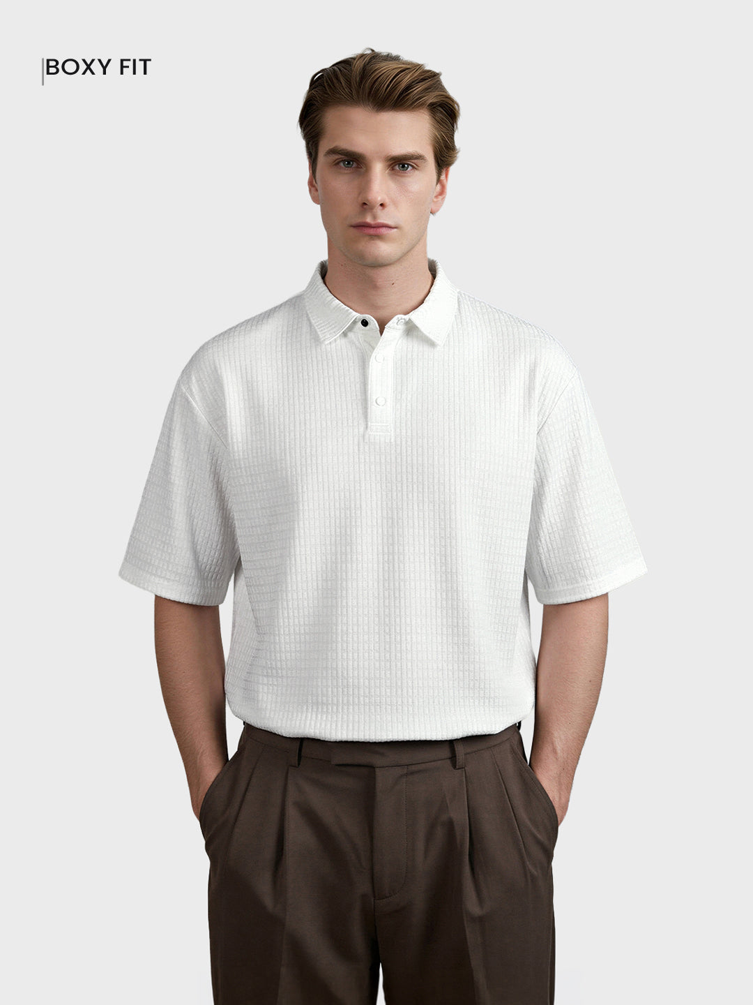 Men's White Boxy Fit Textured Casual T-Shirt