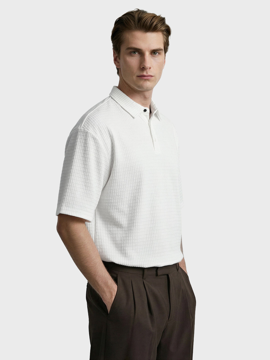 Men's White Boxy Fit Textured Casual T-Shirt