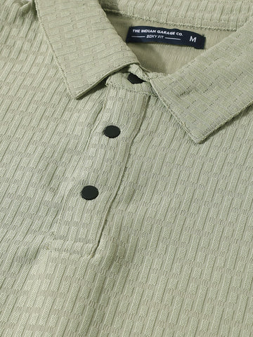 Men's Green Boxy Fit Textured Casual T-Shirt