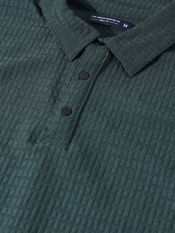 Men's Green Boxy Fit Textured Casual T-Shirt