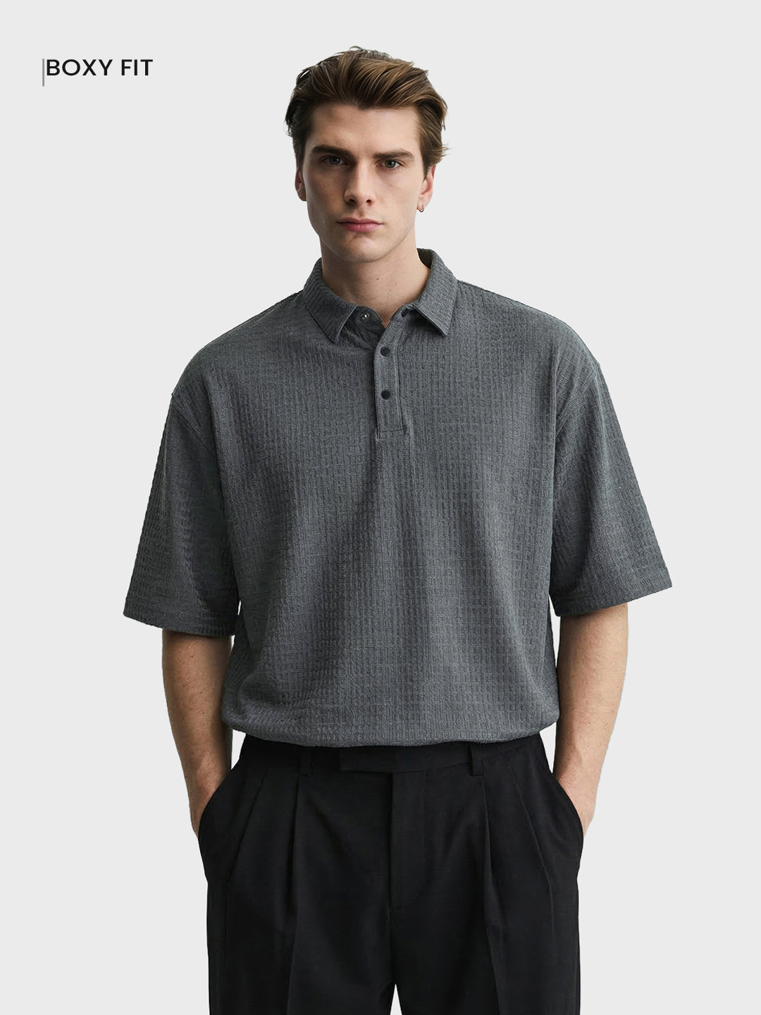 Men's Grey Boxy Fit Textured Casual T-Shirt