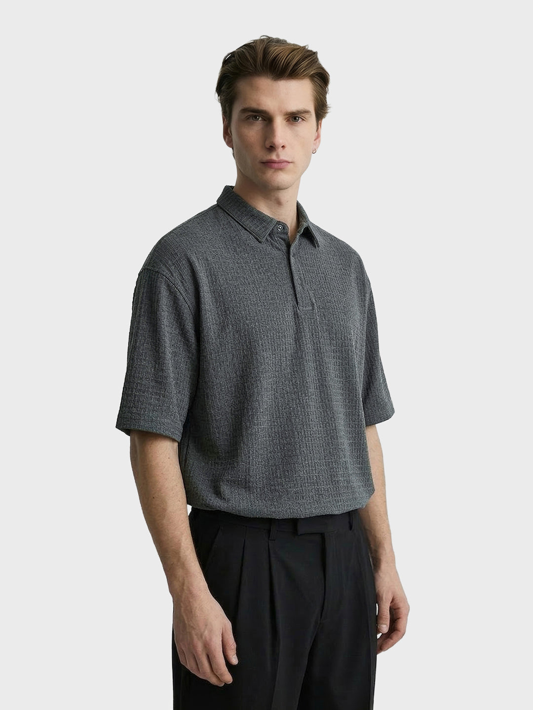 Men's Grey Boxy Fit Textured Casual T-Shirt
