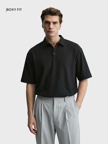 Men's Black Boxy Fit Textured Casual T-Shirt