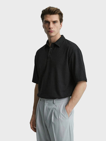 Men's Black Boxy Fit Textured Casual T-Shirt