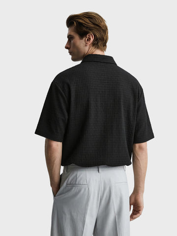 Men's Black Boxy Fit Textured Casual T-Shirt