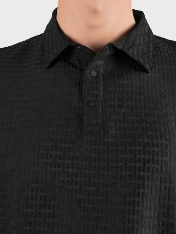 Men's Black Boxy Fit Textured Casual T-Shirt