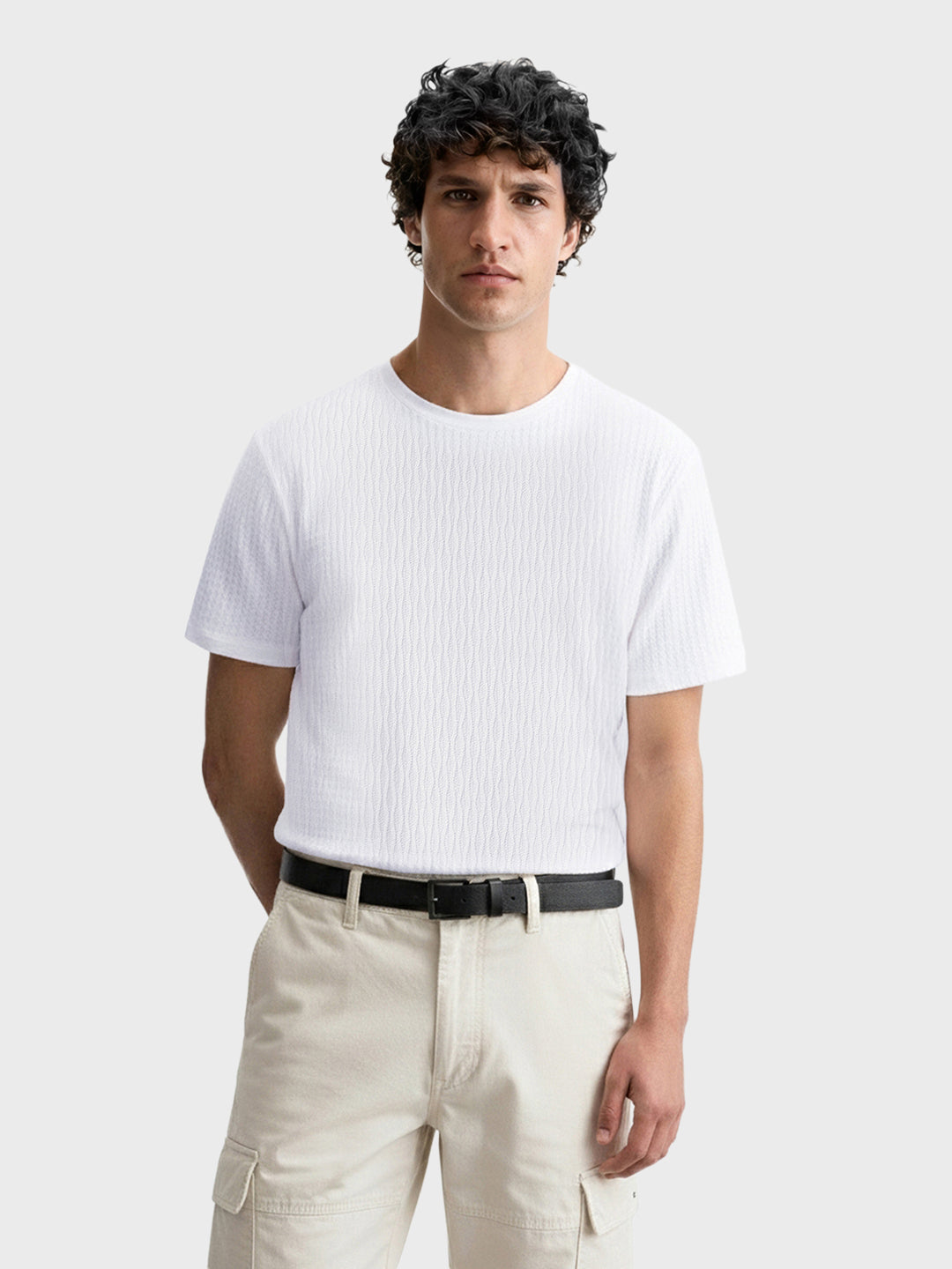 Men's White Boxy Fit Textured Resort Wear T-Shirt