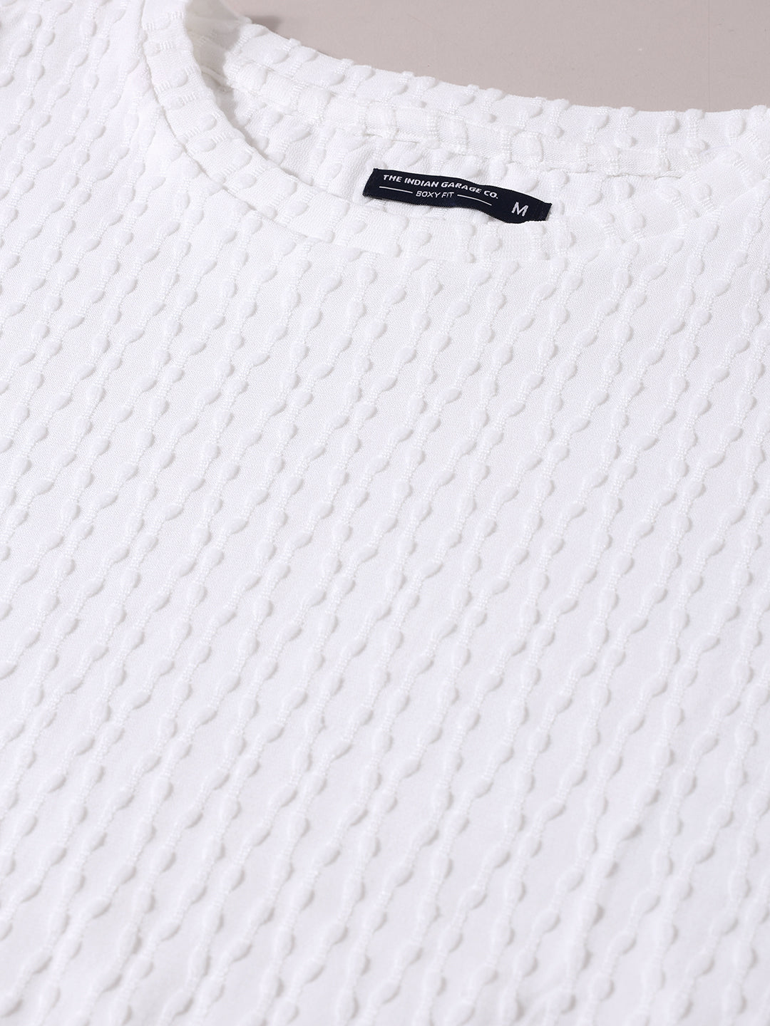 Men's White Boxy Fit Textured Resort Wear T-Shirt