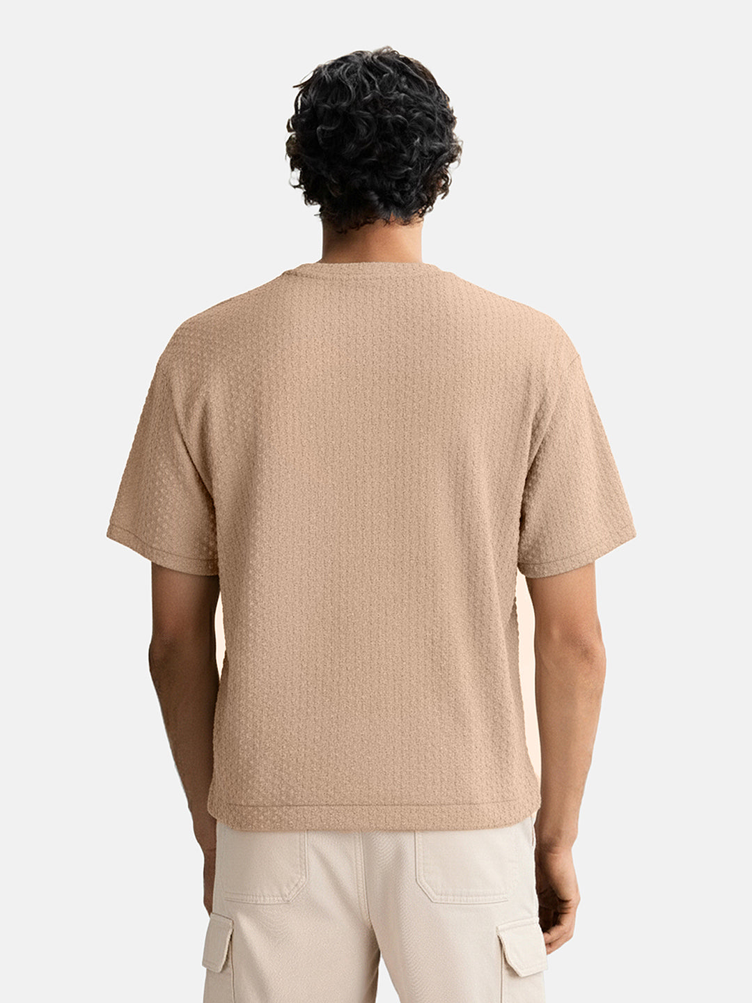 Men's Beige Boxy Fit Textured Resort Wear T-Shirt