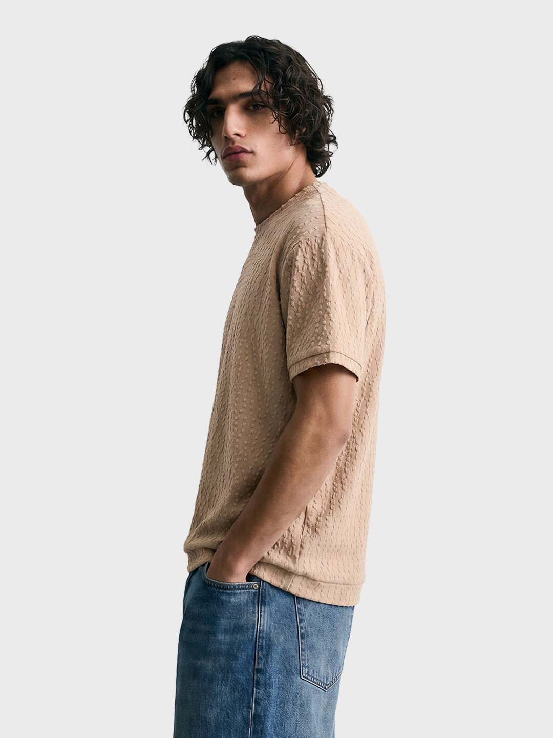 Men's Beige Boxy Fit Textured Resort Wear T-Shirt