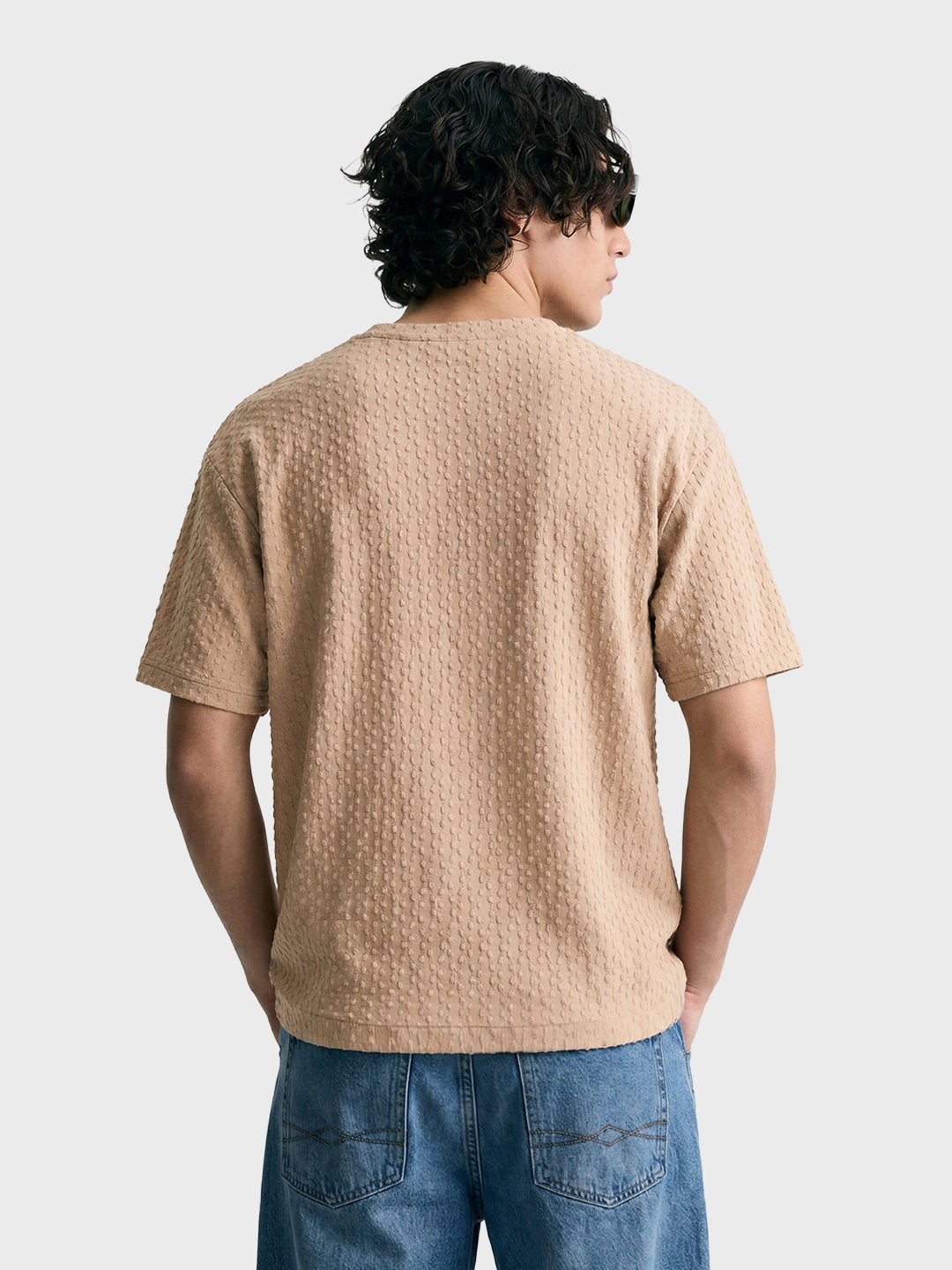 Men's Beige Boxy Fit Textured Resort Wear T-Shirt